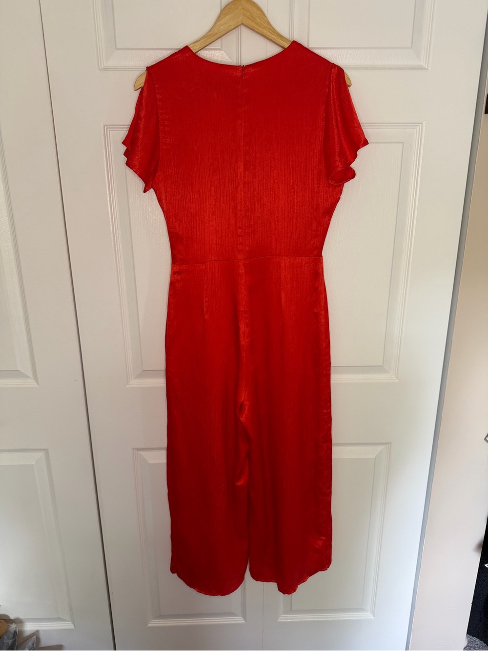 NEW Anthropologie Maquelle Red Satin Jumpsuit Womens Small Wide Leg Short Sleeve - Picture 2 of 9
